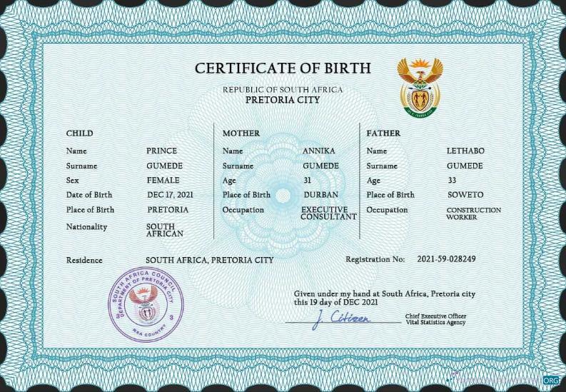 Download South Africa birth certificate PSD template Photoshop template